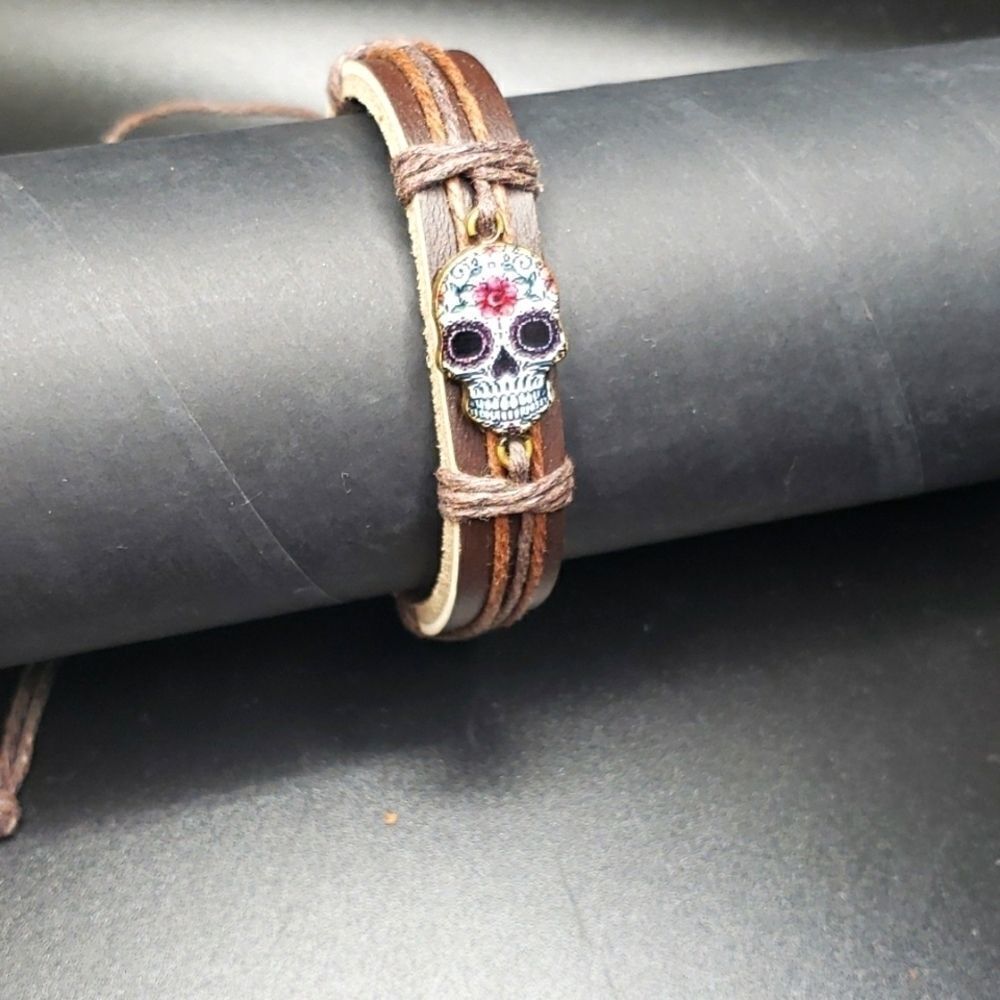 Dia de los Muertos Sugar skull Brown leather adjustable bracelet